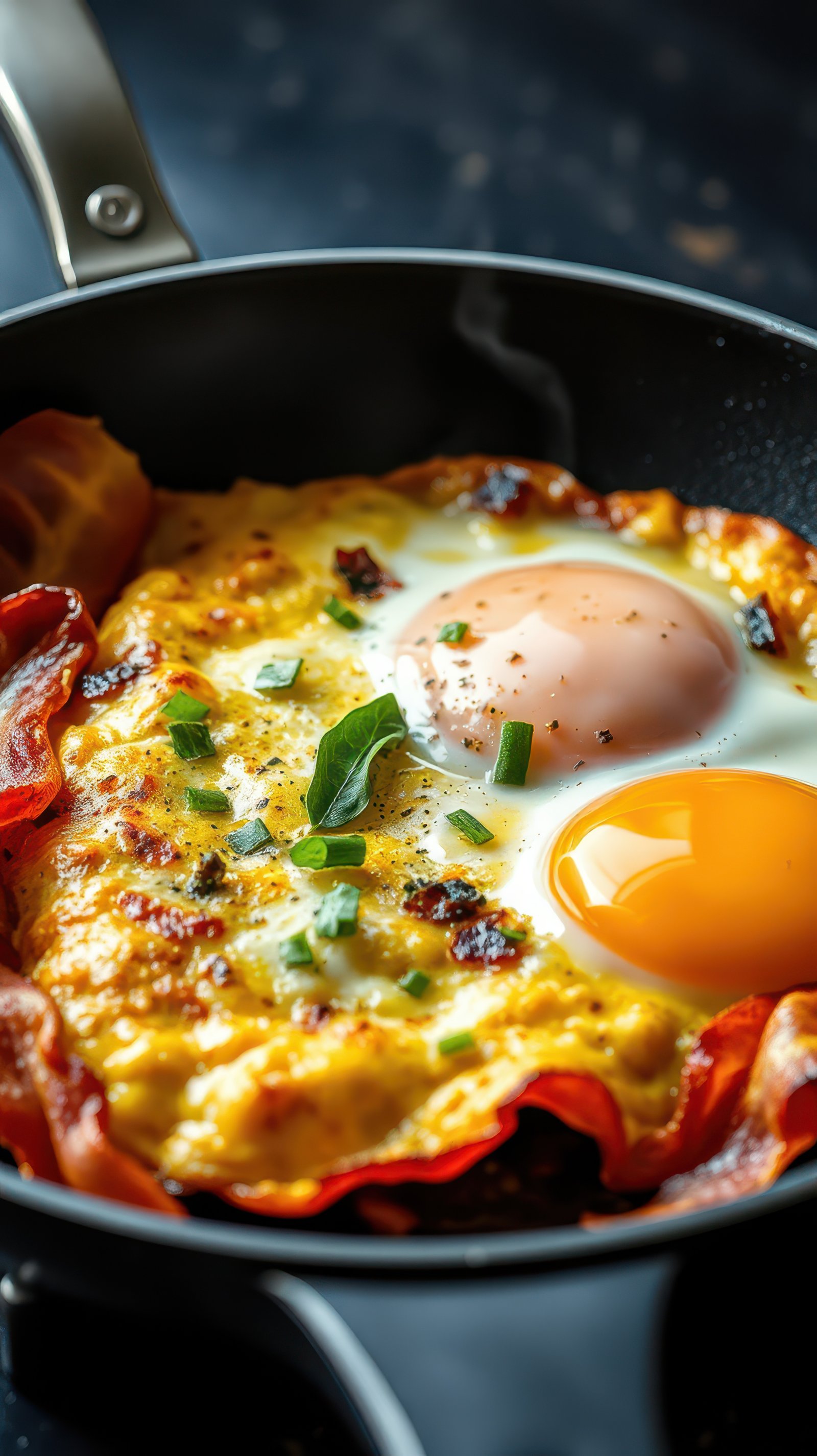 Eggs cooked in a skillet with crispy bacon and herbs, a delicious breakfast prepared in a home kitchen